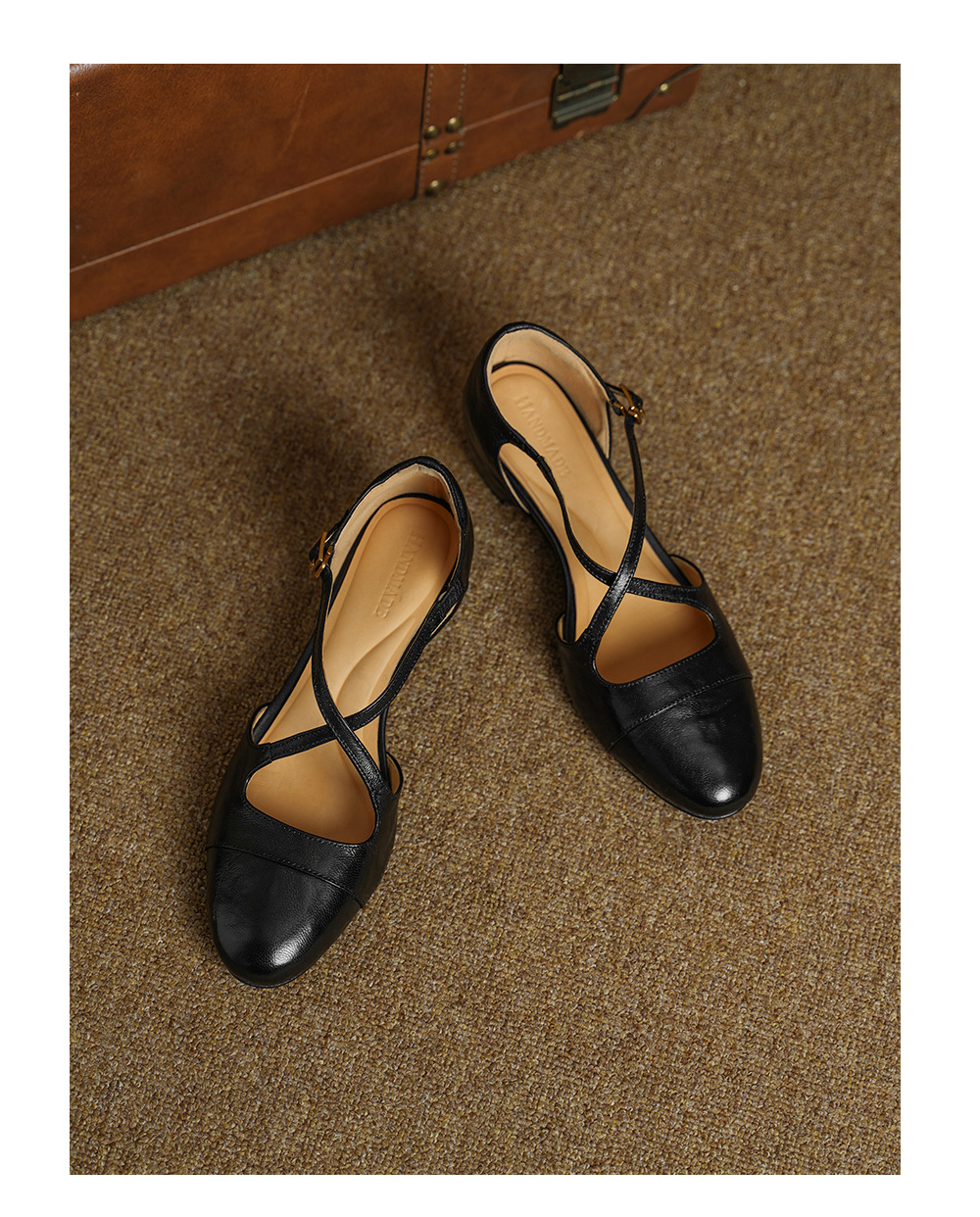 Giày sandal cao gót nữ quai ngang mũi nhọn da dê, gót vuông ổn định — đen chi tiết 19