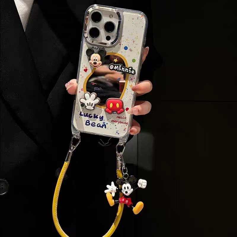 Espejo de viento ins tridimensional Mickey para iPhone16ProMax/15 funda para teléfono móvil 14 Apple 13 cuero diagonal 16