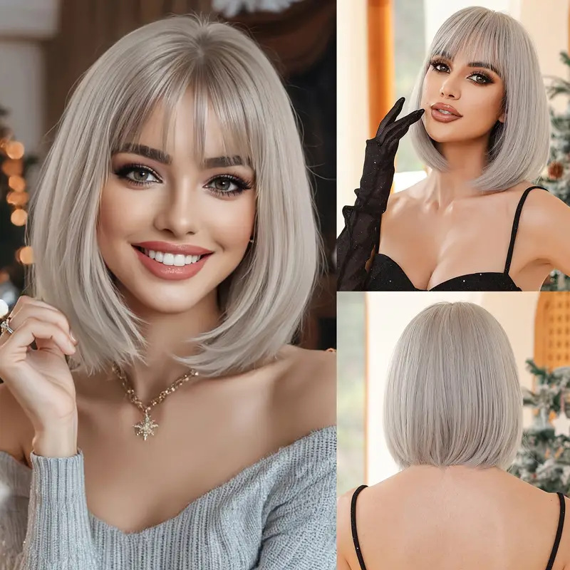 Suministro transfronterizo TEMU Peluca de pelo corto cabeza de onda Moda natural flequillo de aire moda cubierta de la cabeza completa pelo de fibra química