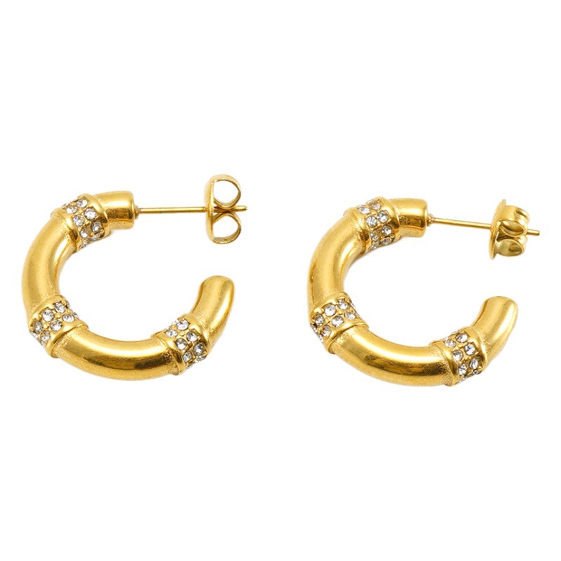 Pendientes de bambú de diamantes de acero inoxidable europeos y americanos transfronterizos pendientes geométricos retro de acero de titanio dorado femenino pendientes en forma de C