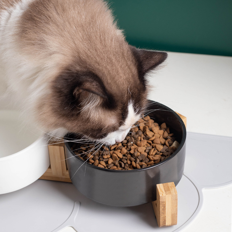 Tacos de gato personalizados de cerámica doble tazón de agua un marco de madera antideslizante anti-volquear tazón de grano tazón de agua potable