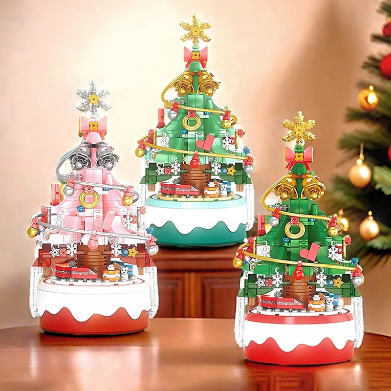 Caja de música de árbol de Navidad de ocho piezas, bloques de construcción, juguetes para niños, decoración de Papá Noel, regalo, adornos educativos