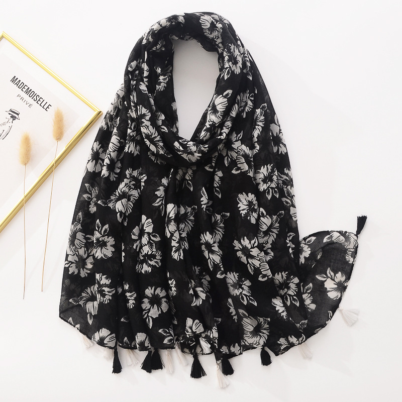 Amazon Negro bufanda de las mujeres de doble uso chal blanco estampado de flores borla hecha a mano de algodón y lino sensación bufanda