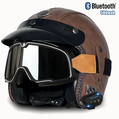 riding 3/4 half helmet — Motosiklet kaskı (dəbilqə) - v-brown-flat-large-frame-goggles-bluetooth-s