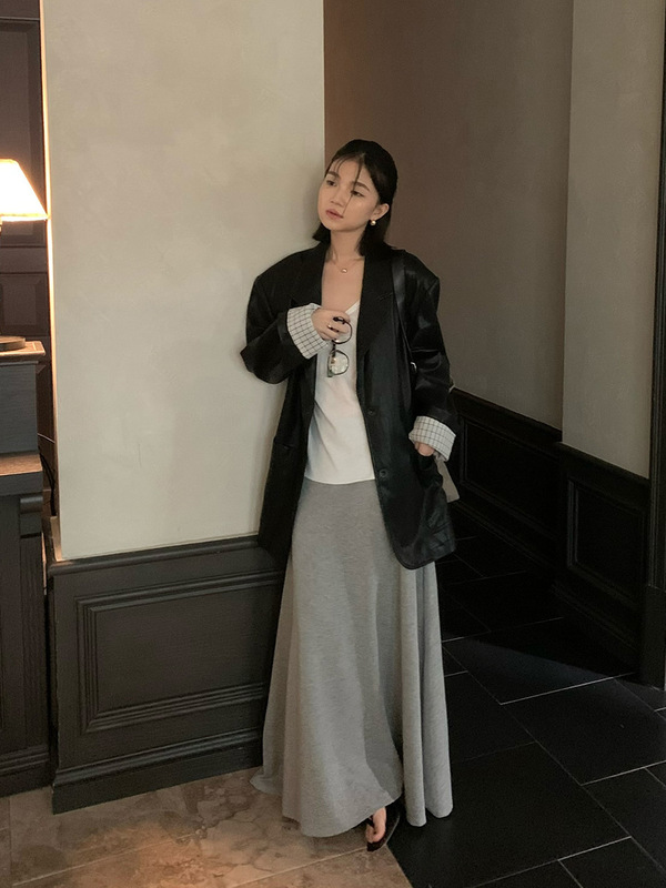 元派bluepops2025秋季新款格纹PU皮西装韩版廓形皮衣外套女A5666|undefined