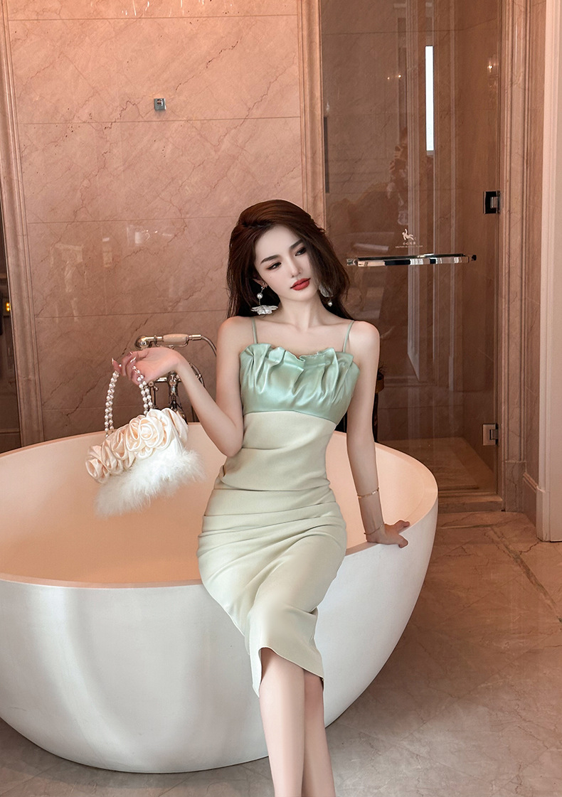 Đầm ôm body nữ dáng dài phối màu xếp ly — Màu xanh lá chi tiết 14