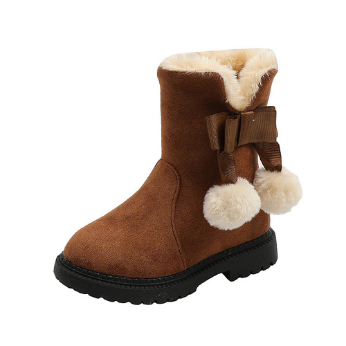 Children's snow boots, girls' winter velvet bow anti-slip fur all-in-one girls' thick boots and cotton shoes