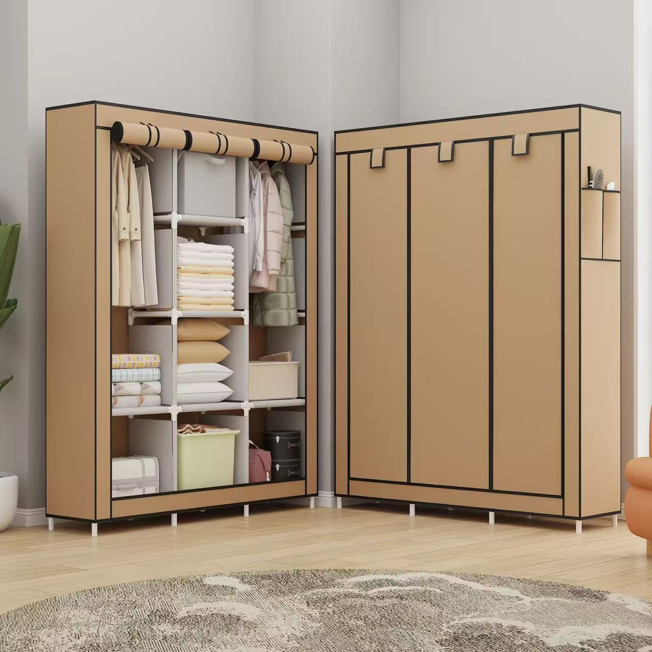 armario simple armario de tela dormitorio casero doble capa almacenamiento de ropa armario grueso marco de acero completo percha de ropa a prueba de polvo