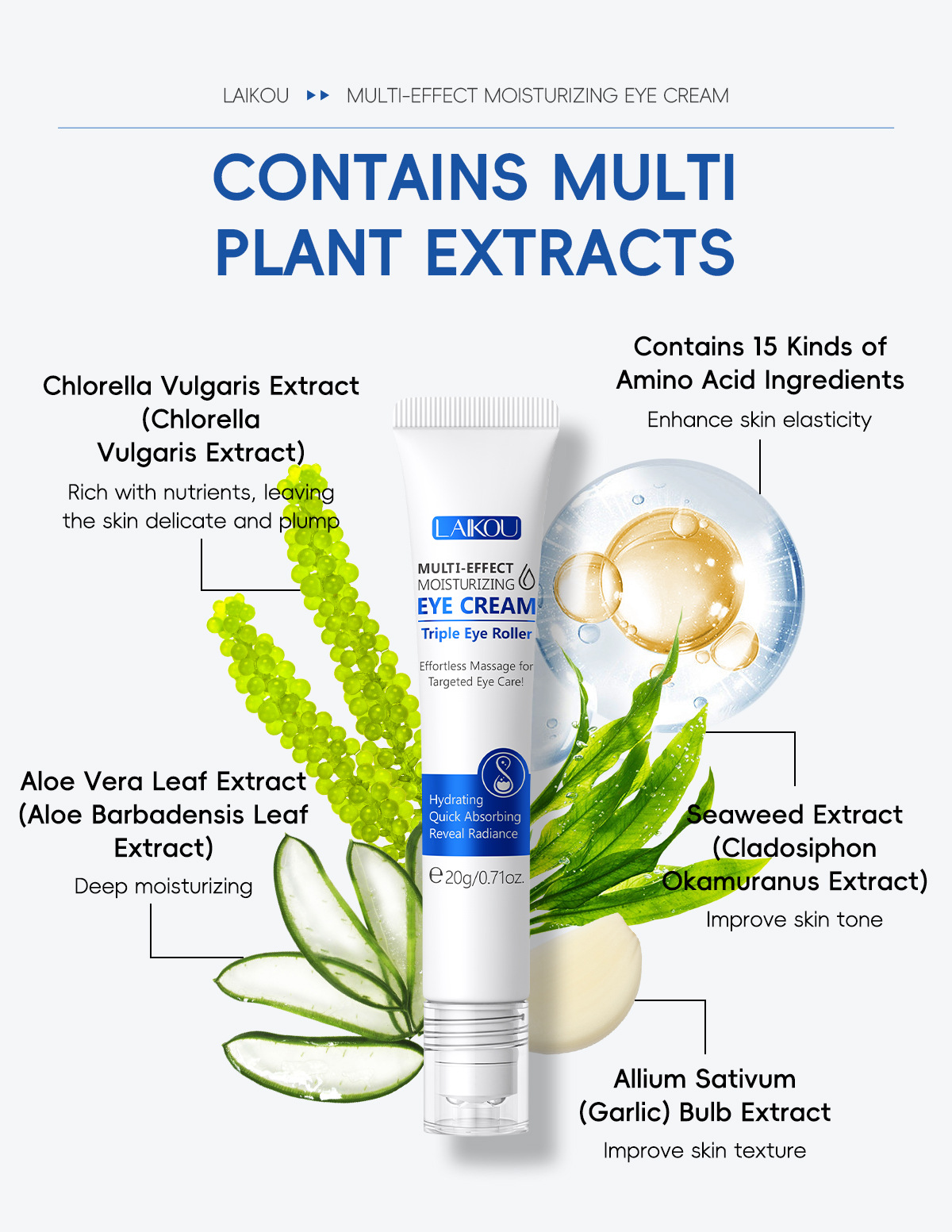 Cross-border LAIKOU Hydrating Roll-on Eye Cream 20g, eye moisturizing and eye care skin care product manufacturer supply undefined