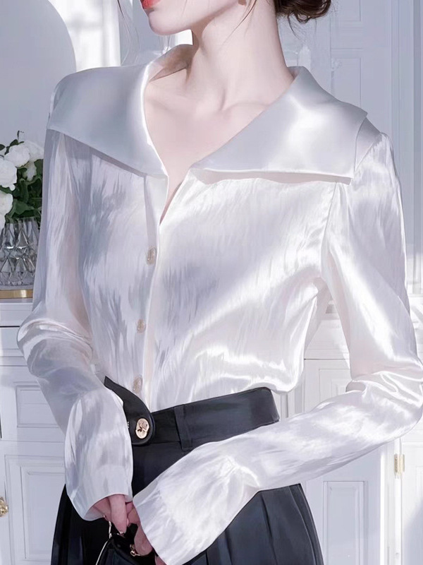 高级感白色长袖翻领缎面衬衫女2025早春新款独特别致法式职业衬衣|undefined