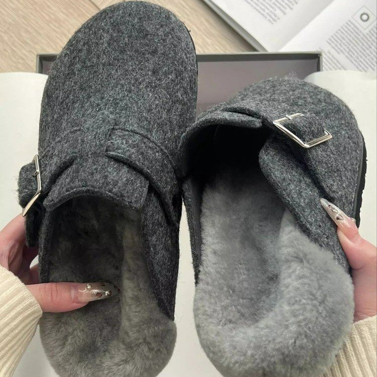 Gray Thick-Soled Birkenstock Shoes for Women, Furry Slippers, 2025 New Autumn and Winter Snow Boots, Toe-Cap Half-Slip Cotton Slippers