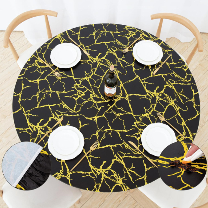Mantel redondo de PVC transfronterizo impermeable y a prueba de aceite forrado de vellón grueso transparente impreso mantel de plástico banda elástica mantel de grano de madera