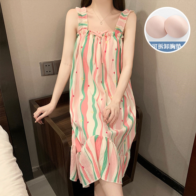 Transfronterizos polvo de dopamina rayada pijama de verano de algodón gaza de mujer es dulce se puede usar con cojín de pecho ropa para el hogar
