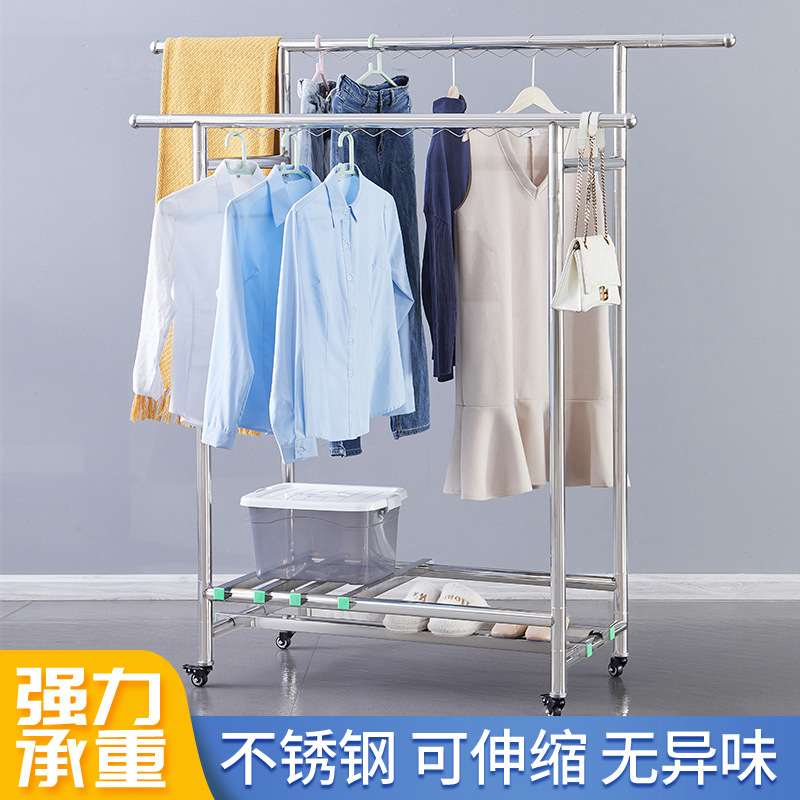 Single-Pole Horizontal Bar with Wheels, Stainless Steel Double-Pole Clothes Drying Rack, Removable Floor-Standing Display Rack, Home Balcony Retractable