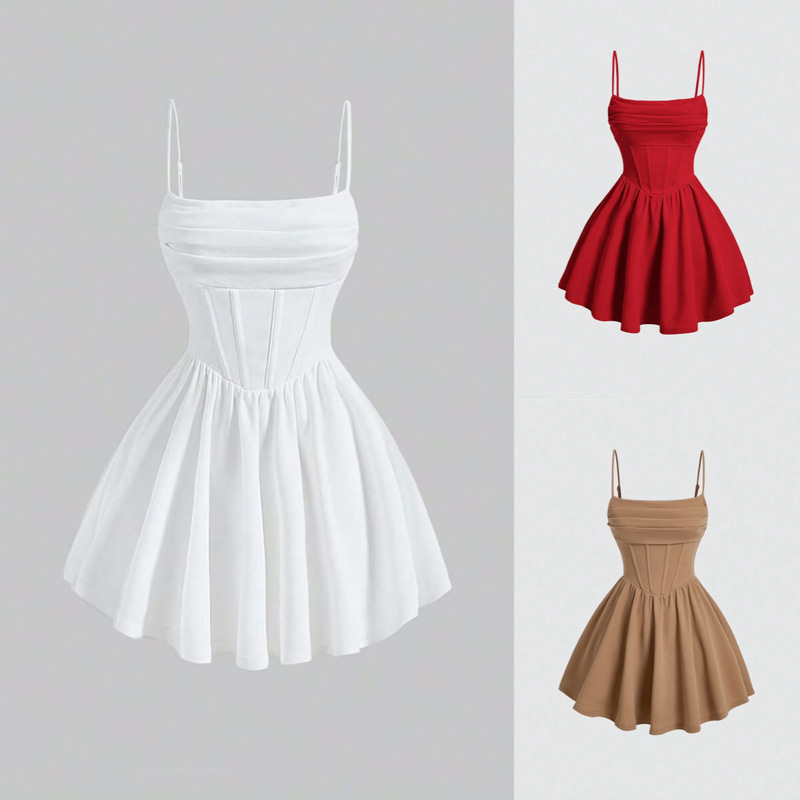 Amazon cross-border Europe and the United States summer new fashion sexy dress solid color pleated zipper strap dress