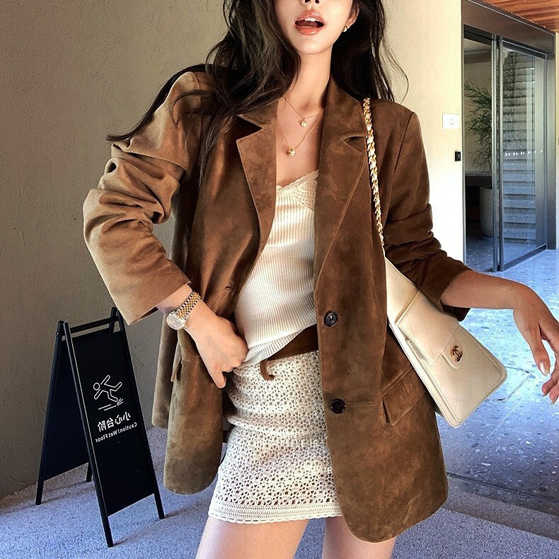 2025 New Autum Anti-Suede Goatskin "Old Money Aesthetic" High-End Genuine Leather Jacket Suit Jacket Women's Mid-Length