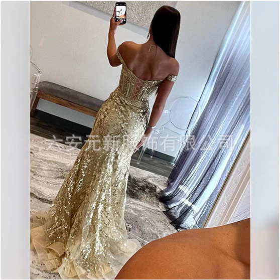 Comercio exterior europeo y americano Amazon hombro abierto vestido de baile largo de diafragma de encaje decal de mujer vestido de noche de cola de pescado