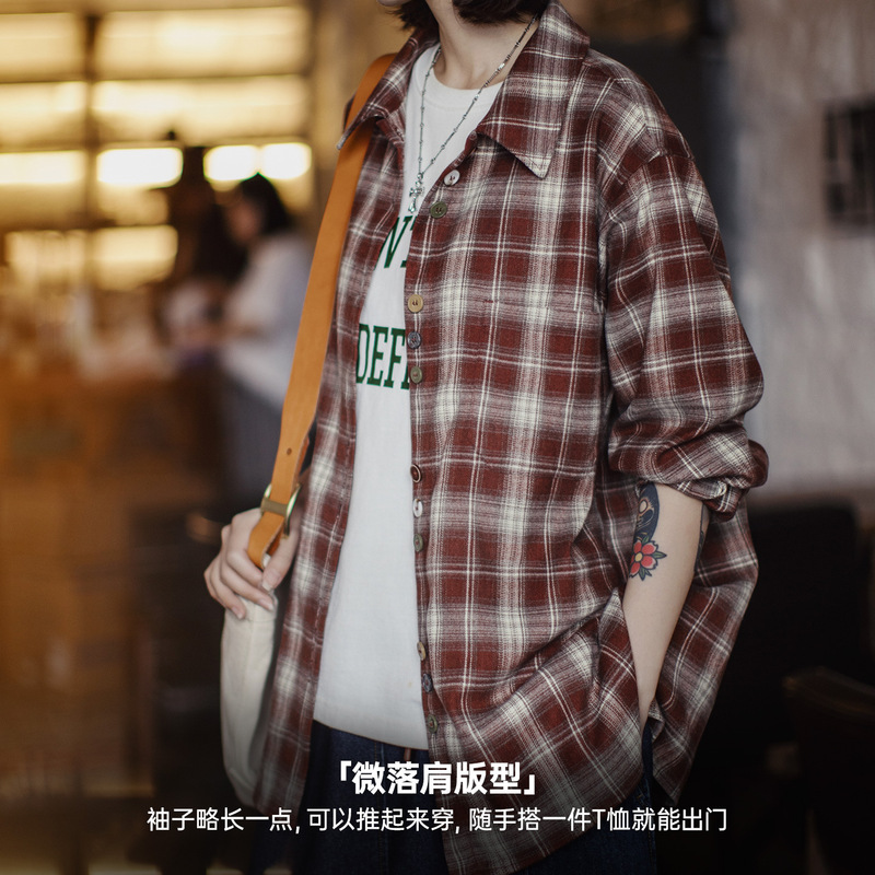 马登美拉德棕咖色系磨毛格子纹长袖衬衫宽松衬衣外套上衣女士秋季|undefined