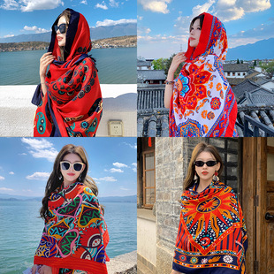 Summer Ethnic Style Yunnan Shawl Scarf Sunshade Sunscreen Travel Beach Scarf Silk Scarf Breathable Shawl Scarf