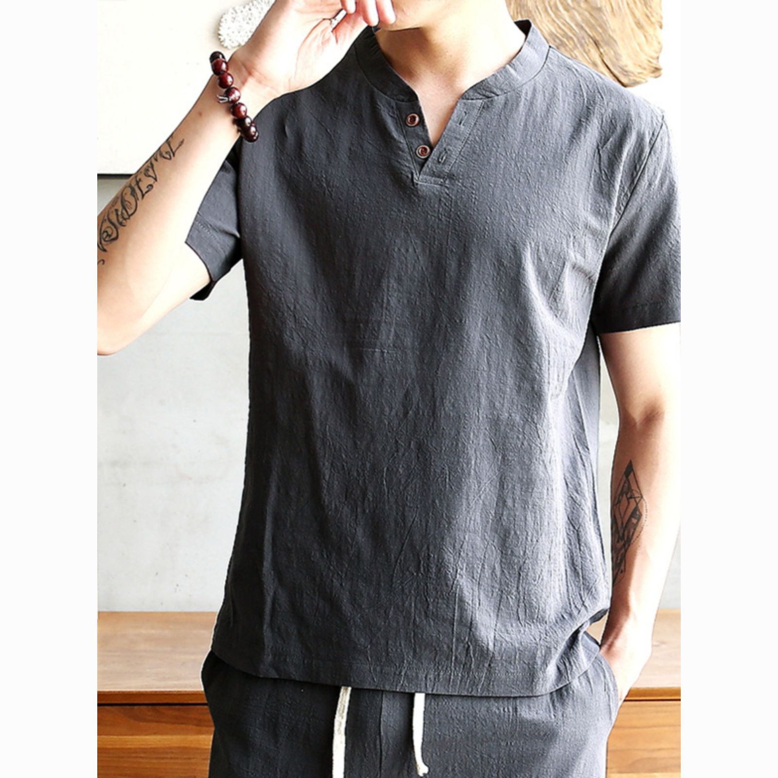Summer Linen Short-Sleeved Ice Silk T-Shirt Suit Men's Pure Color V Neck Chinese Style Top Cotton and Linen Han Dynasty Casual Half-Sleeve