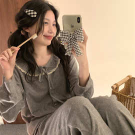批发货源秋冬新款可爱毛巾绒蕾丝花边拼接家居服套装