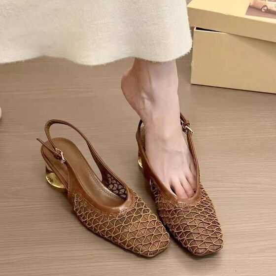 French Style Square Toe Woven Elegant Toe Sandals Women's 2025 New Summer Coarse Heel Chanel Style Crystal Heel High Heels