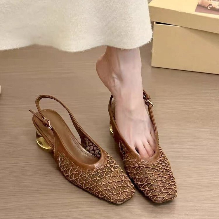French Style Square Toe Woven Elegant Toe Sandals Women's 2025 New Summer Coarse Heel Chanel Style Crystal Heel High Heels