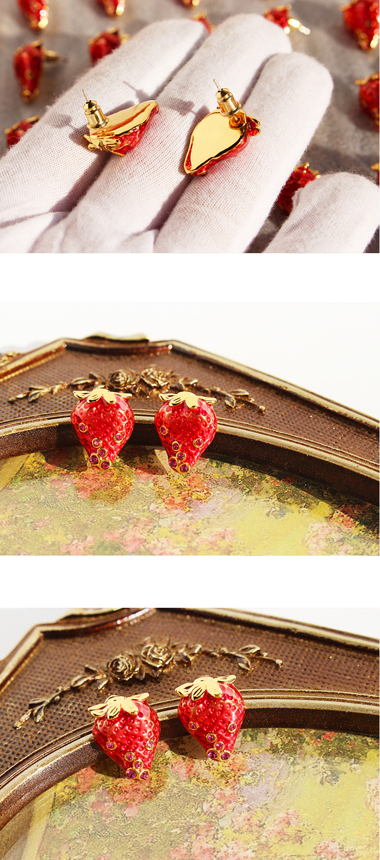 1 Pair Casual Cute Strawberry Enamel Plating Brass Zircon Ear Studs display picture 3
