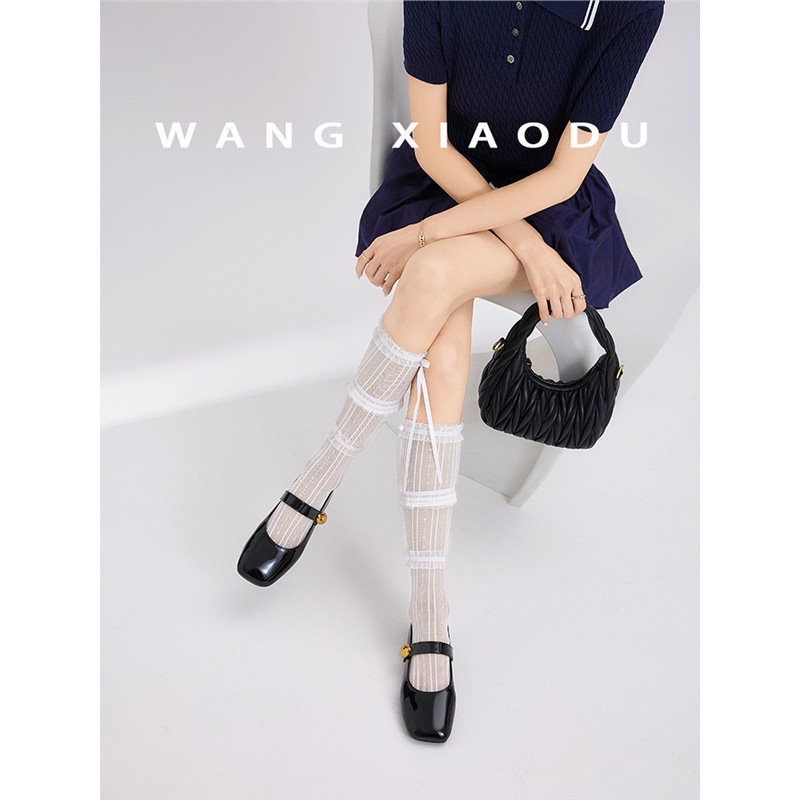 【王小毒】方头小金豆●粗跟玛丽珍女鞋2025年魔术贴镜面浅口单鞋|undefined