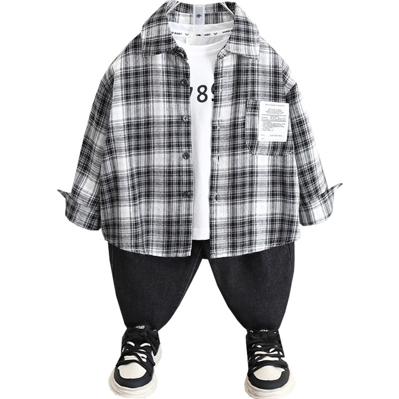 5839 Chaqueta de camisa de primavera y otoño para niños 2024 Nueva camisa a cuadros de otoño para bebés de moda