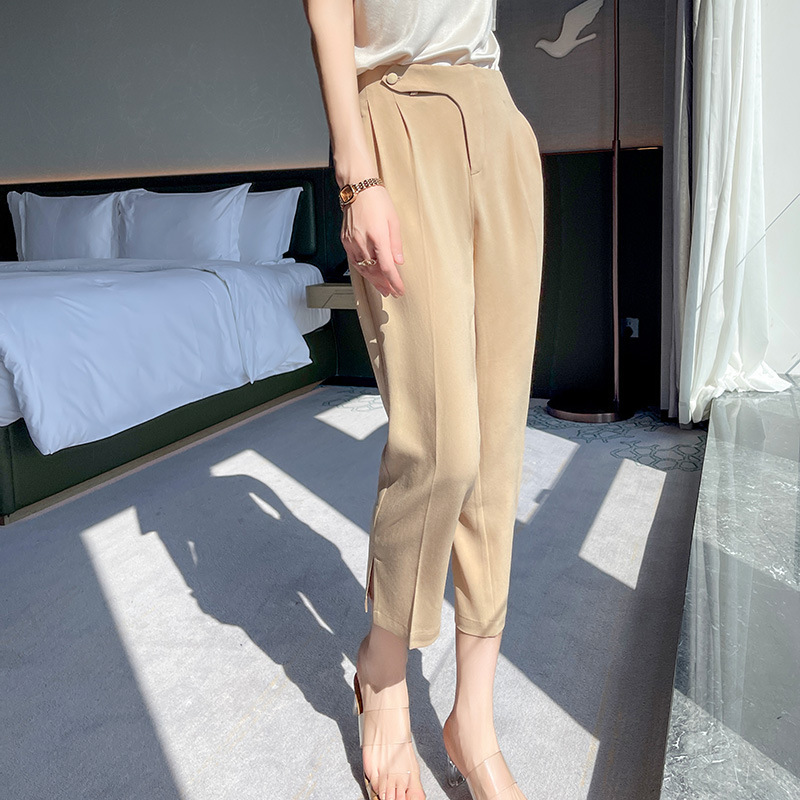 26 New High-Waisted Slimming Acetate Cropped Suit Pants for Women, Summer New Design Satin Solid Color Wide-Leg Cigarette Pants