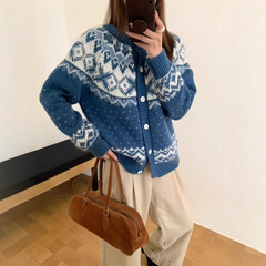 古着感小众费尔岛提花软糯毛衣开衫女韩系复古宽松慵懒针织衫外套