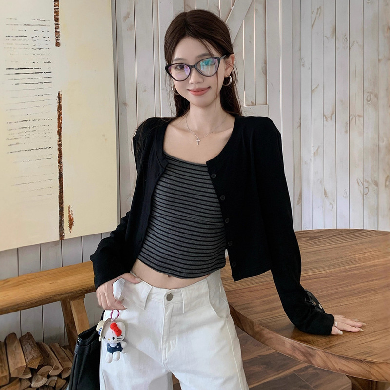 Unique Color-Block Striped Camisole Chic Hot Girl Outfit Women's Autumn Long-Sleeve Cardigan Short Jacket Two-Piece Set