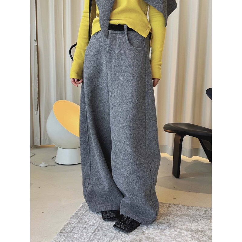 Xuman Winter New Korean Style Simple and Fashionable Woolen Composite Trousers with Belt, Wide-Leg Crisp Trousers for Women