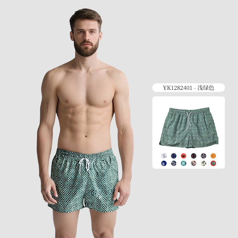 Pantalones cortos con cordones con estampado digital de cuatro puntos para hombres Chunyafang Pantalones de playa de vacaciones junto al mar de moda casual de código europeo