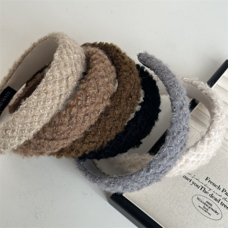 Faixa de cabeça de lã de pelúcia xadrez outono e inverno fada beleza alto sentido alto caveira topo peludo rosto lavagem grampo de cabelo faixa de cabeça acessórios para cabelo_voghion.com