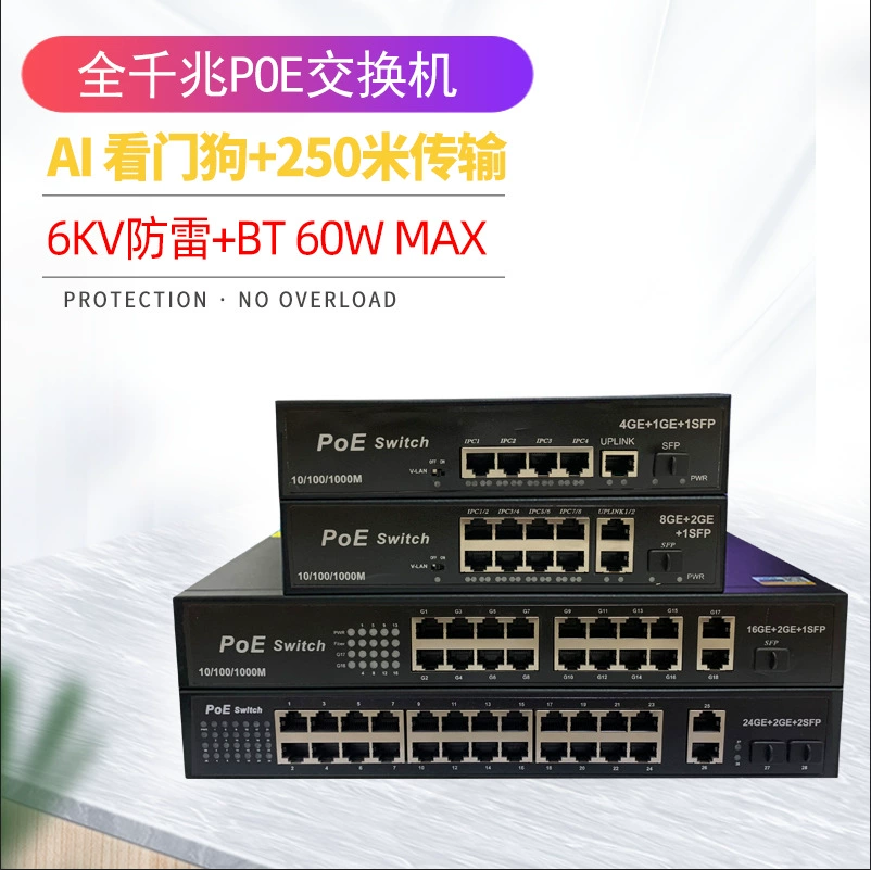 6-портовый 10-портовый полногигабитный коммутатор PoE AI watchdog 6KV Молниезащита 19-28 гигабитный коммутатор стойки