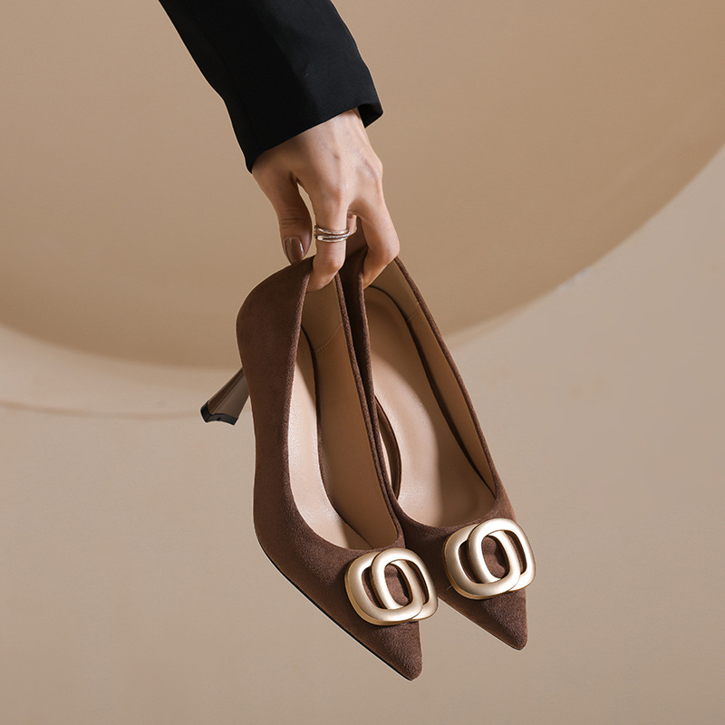 Metal Copper Buckle Single Shoes for Women 2026 Early Spring New Style High-Heeled Shoes for Women Shallow Mouth Stiletto Versatile Fairy Style Mid-Heel Women's Shoes Metal Copper Buckle Single Shoes for Women 2026 Early Spring New Style High-Heeled Shoes for Women Shallow Mouth Stiletto Versatile Fairy Style Mid-Heel Women's Shoes