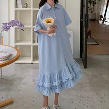 蓝色设计感衬衫拼接鱼尾裙女夏2024新款小清新时尚减龄洋气连衣裙