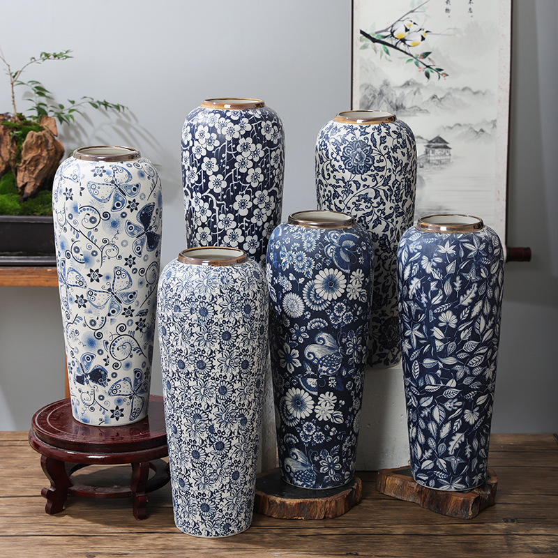 35CM Jingdezhen Ceramic Blue and White Vase Home Decoration Model Room Phnom Penh Flower Slim Tall Radish Handmade Vase
