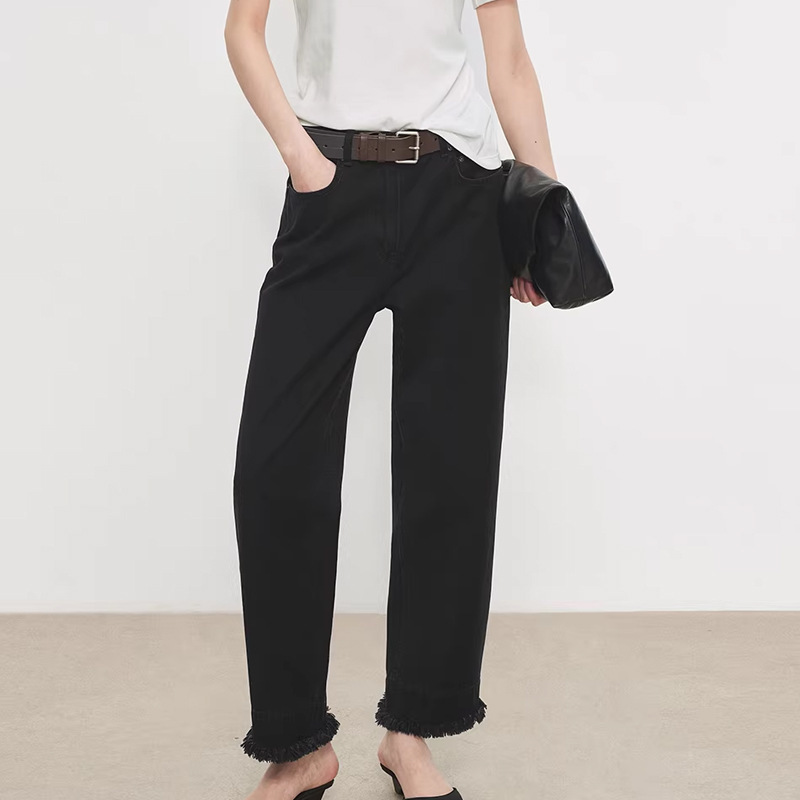 Chic Discount Price Italian Cotton Denim_Handmade Double-Layer Tassel Edge Classic Tapered Cropped Jeans