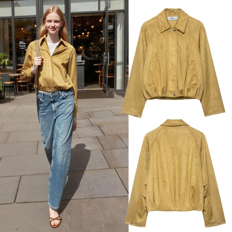 Zr Cross-Border Export Wholesale 2025 Autum New European and American Style Suede Texture Effect Bomber Jacket