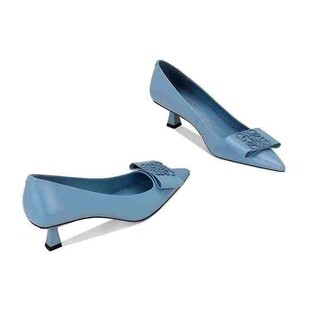 [Ready Stock] L612-2 Blue High Heels 2025 Spring & Fall New Style Elegant Pointed Toe Shallow Mouth Wine Glass Heel with Skirt