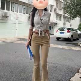 美式复古微喇牛仔裤女春季新款高腰修身显瘦卡其色百搭阔腿拖地裤