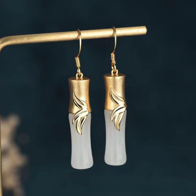 platinum retro ethnic bamboo earrings from Khotan district white…