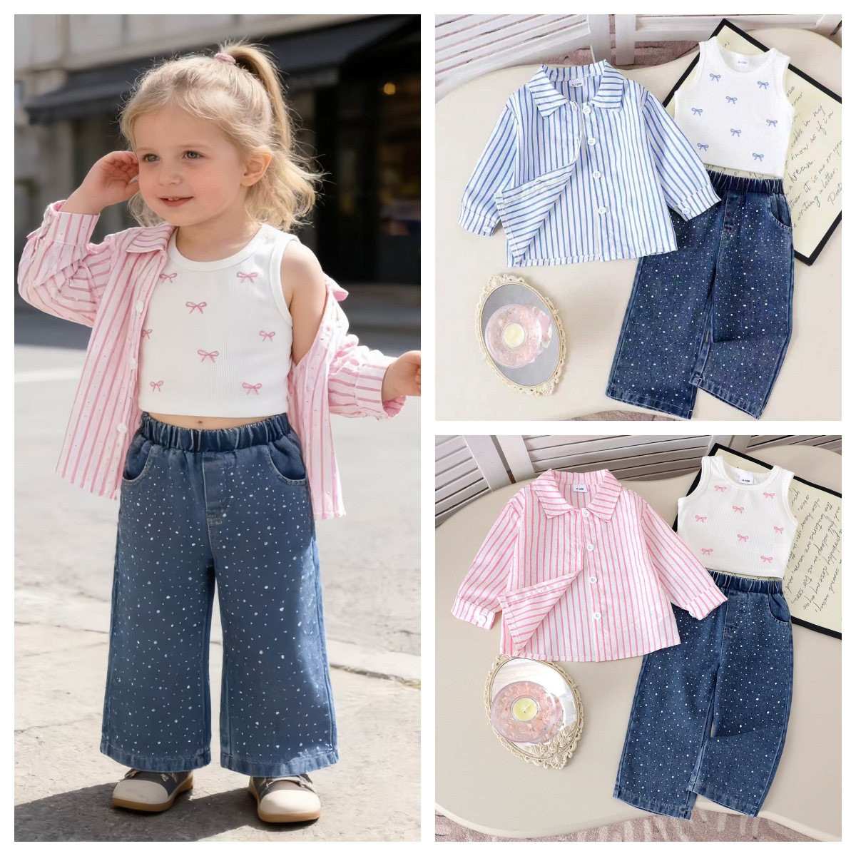 Yaya Cross-Border Children's Clothing Autumn New Pink Striped Long-Sleeved Shirt, Vest, and Jeans Three-Piece Set Manufacturer