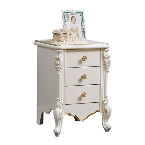 BB4C wholesale European style bedside table for bedroom simple modern multifunctional white gold painted solid wood carved French style