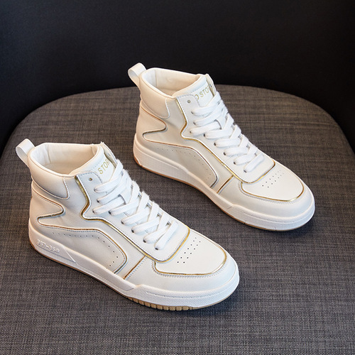 Leather-covered genuine leather white shoes for women for four seasons  new versatile Korean style breathable flat-soled casual high-top sports sneakers