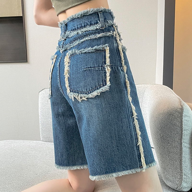 Five-point Jeans Women's High-waisted Loose Tassel Straight Summer Thin Large Size Chubby Girl Meat Covering A- line Over-the-Knee Mid Pants Five-point Jeans Women's High-waisted Loose Tassel Straight Summer Thin Large Size Chubby Girl Meat Covering A- line Over-the-Knee Mid Pants
