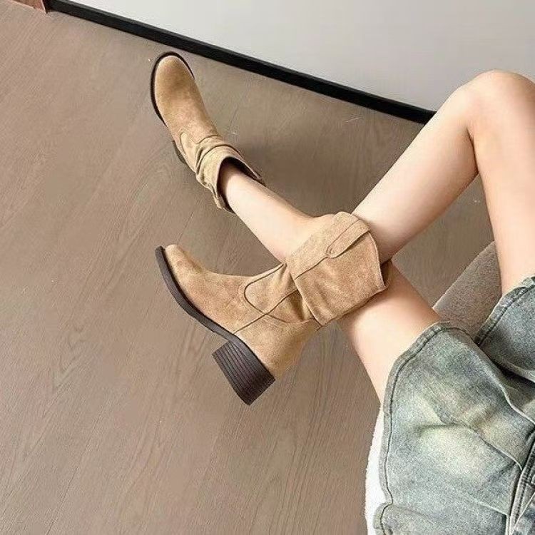 低跟单靴堆堆靴子女2025新款秋季美拉德西部牛仔靴短靴中筒马丁靴|undefined